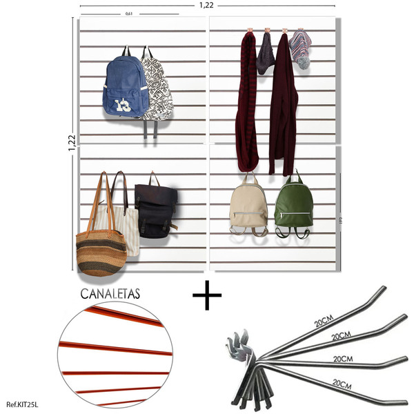 4 Paineis Canaletados - 0,61 X 0,61 + 50 Ganchos 20cm + Canal