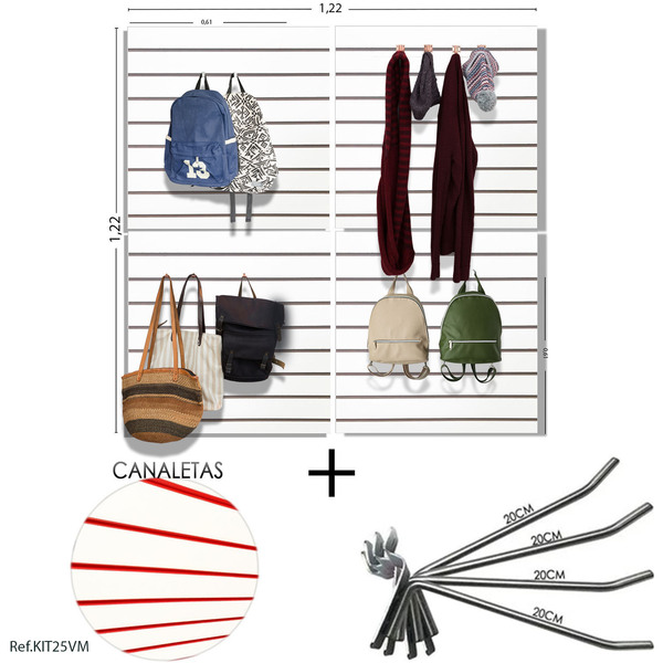 4 Paineis Canaletados - 0,61 X 0,61 + 50 Ganchos 20cm + Canal