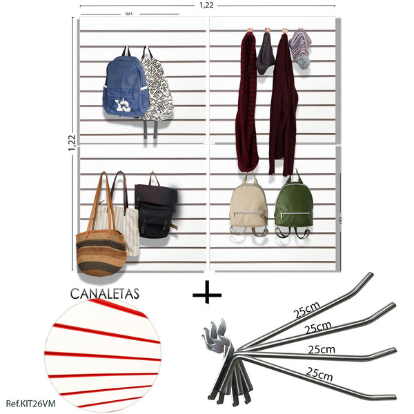 4 Paineis Canaletados - 0,61 X 0,61 + 50 Ganchos 25cm + Canal