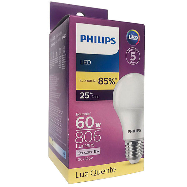 50 Lâmpadas Led Philips Bulbo 9w Branco Quente Equivale 60w