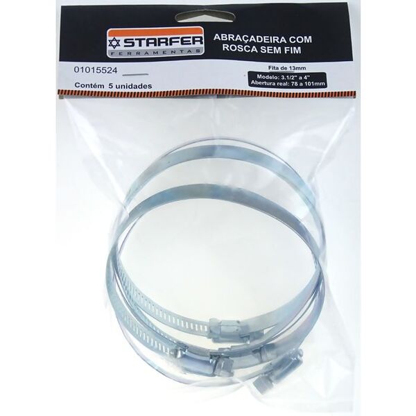 5 Abraçadeira Rosca Sem Fim 13mm Abertura 78 A 101mm Starfer