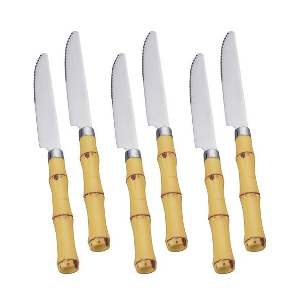 6 Facas Para Mesa Lyor Bambu De Aço Inox Natural 22cm