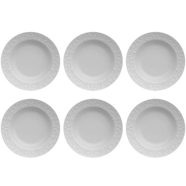 6 Pratos Fundos Germer Branco Redondo 23,5cm Em Porcelana Com