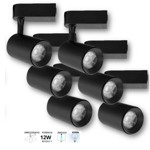 6 Spot Para Trilho Eletrificado Preto Led 12w 6500k Branco Fr