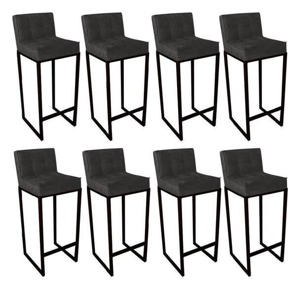 8 Banquetas Alta Lunna Suede Cinza E Base Preta