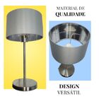 Abajur Aço Escovado Acetinado Tecido Cinza Luminária De Mesa