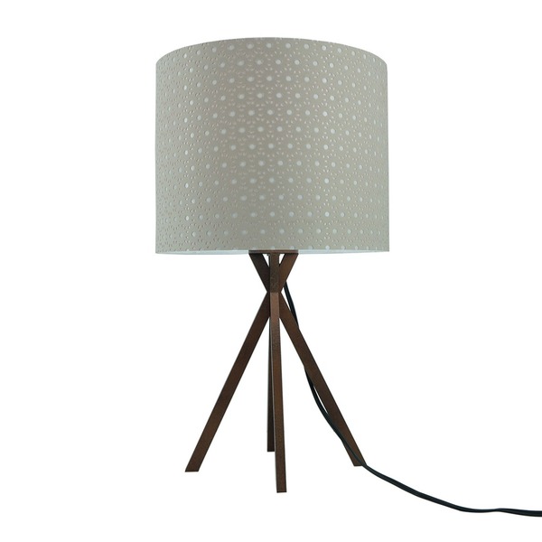 Abajur Base Madeira Cobre E Cúpula Tecido Rendado Bege