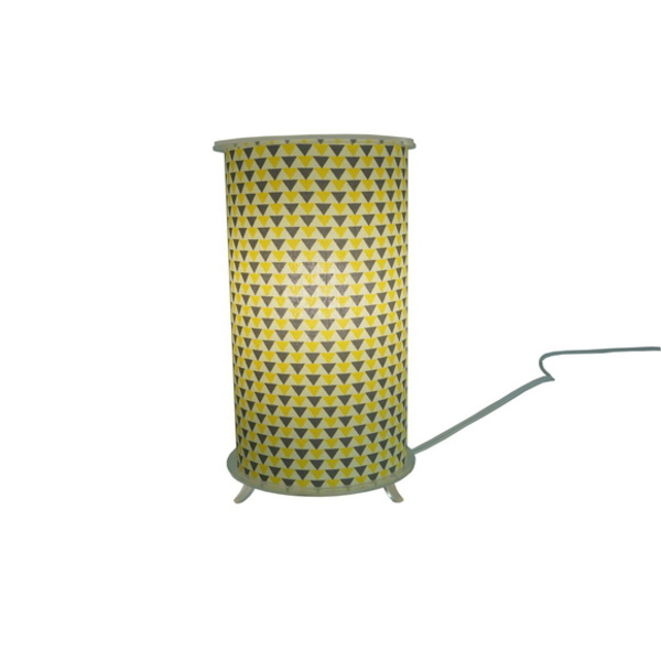 Abajur Cilíndrico Revestido Com Tecido Triângulos Amarelo E C
