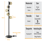 Abajur Coluna Piso Figo Preto Com Globo De Vidro Âmbar