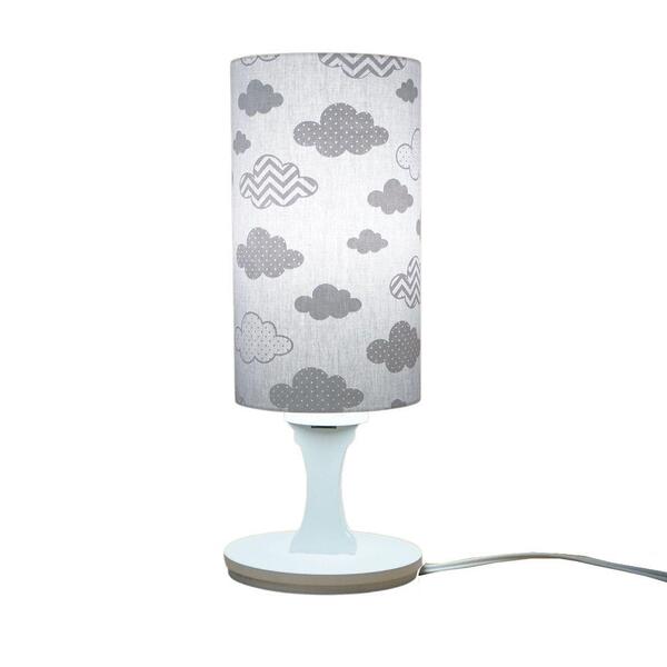 Abajur De Mesa Base Branca Cúpula Tecido Nuvens Cinza E Branc