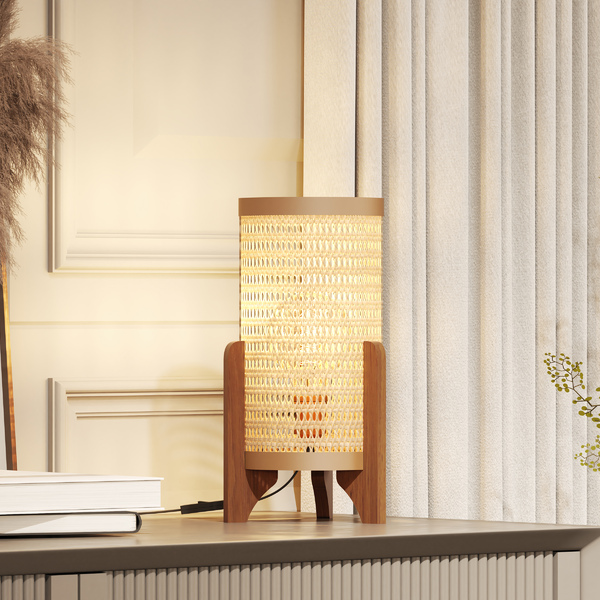 Abajur De Mesa De Cabeceira Rattan Pé Em Madeira Decor Sala