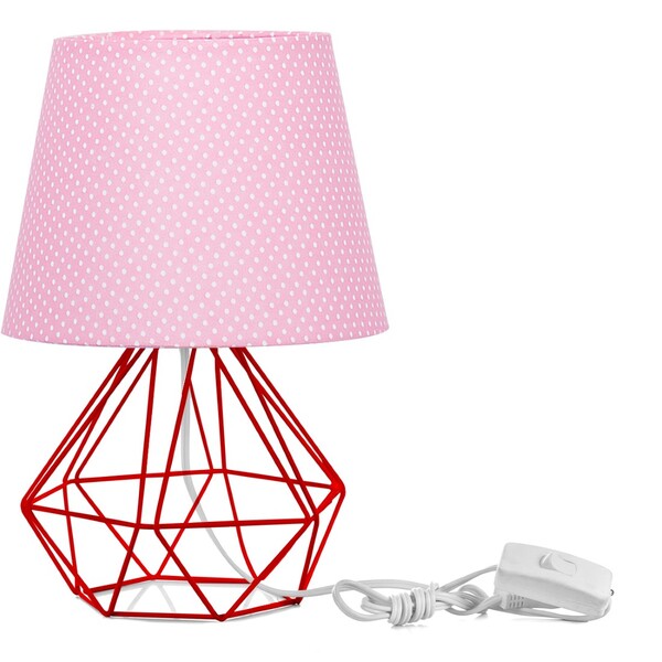Abajur Diamante Dome Rosa/bolinha Com Aramado Vermelho