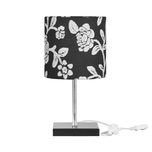 Abajur Eros Cilindrico Floral Prata 032 Base Preta Quadrada