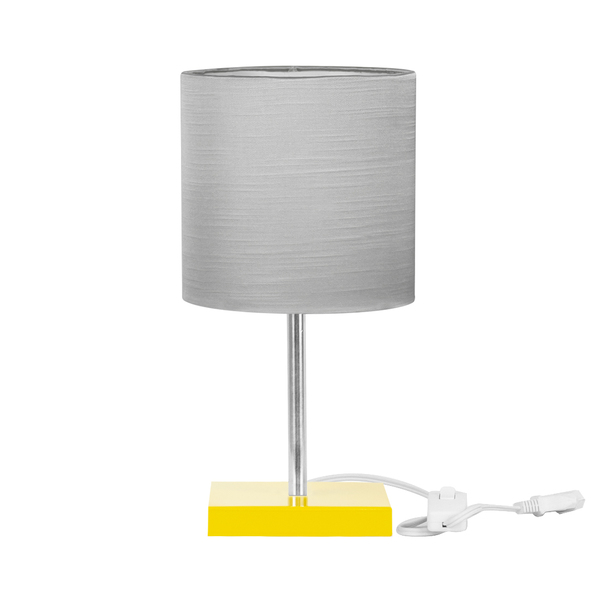 Abajur Eros Cilindrico Shantung Cinza030 Base Amarela Quadr.