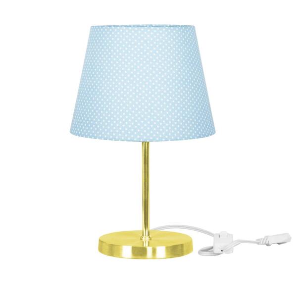 Abajur Eros Dome Azul Bolinha Base Redonda Dourada