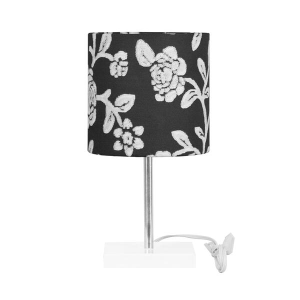 Abajur Eros Touch Cilindrico Floral Prata Base Branca Quad.