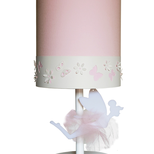 Abajur Infantil Fadas Base Branca Cúpula Rosa 20x43 Bivolt