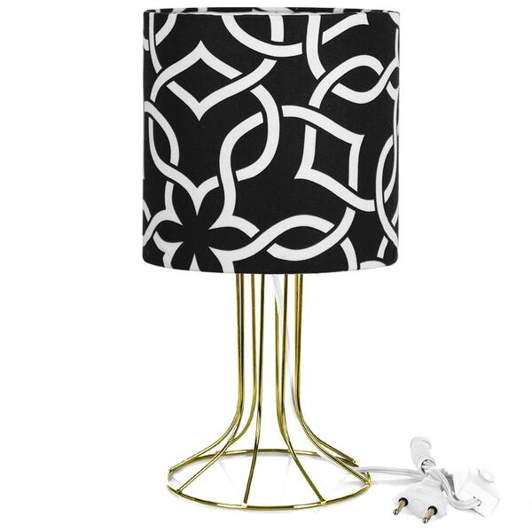 Abajur Torre Cilindrico Elos Preto Com Aramado Dourado