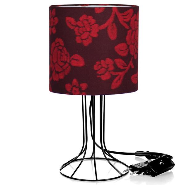 Abajur Torre Cilindrico Floral Vermelho Com Aramado Preto
