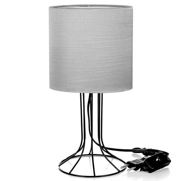 Abajur Torre Cilindrico Shantung Cinza Com Aramado Preto