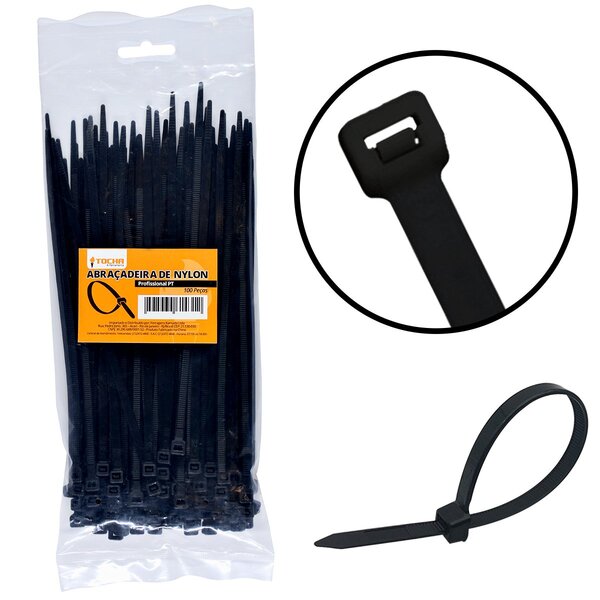 Abraçadeira De Nylon Tocha Preta 4,8mm X 25cm Com 100 Unidades