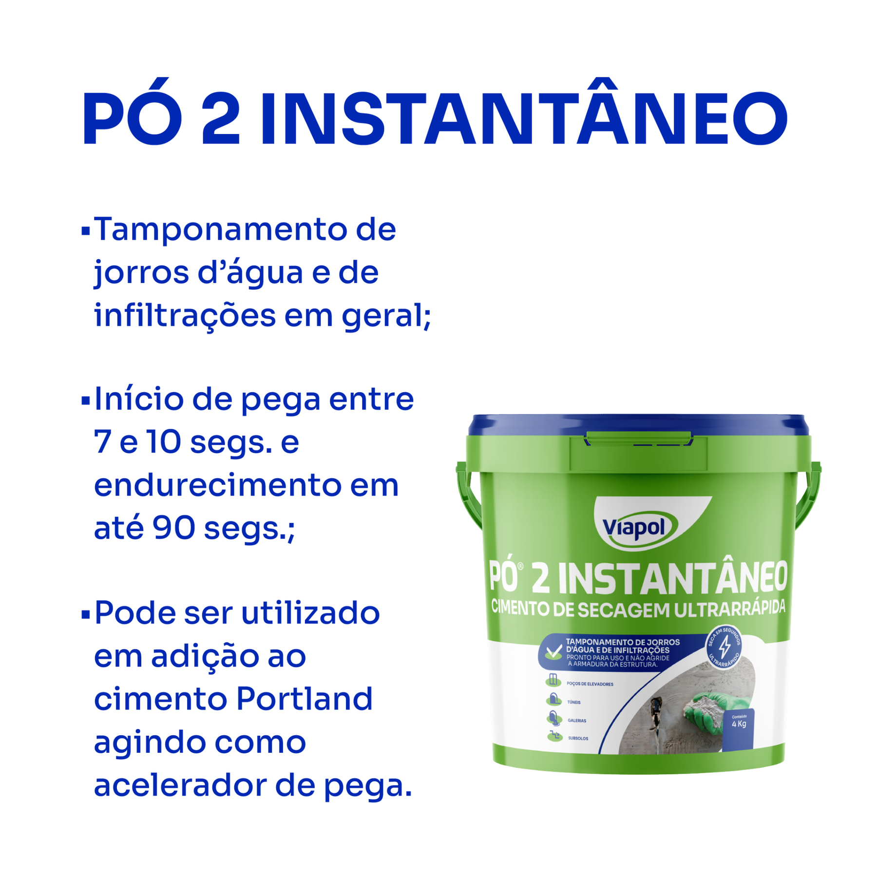 Cimento de Secagem Ultrarrápida para Tamponamento Pó 2 Instantâneo 4kg Cinza Viapol