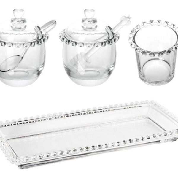 Açucareiro + Meleira Porta Talher Bandeja 30cm Cristal Lyor