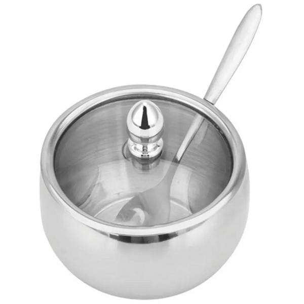Açucareiro Luxo Em Aço Inox Com Tampa De Vidro E Colher Unyho