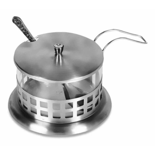 Açucareiro Vidro Com Suporte Tampa Colher Aço Inox Pote Guard