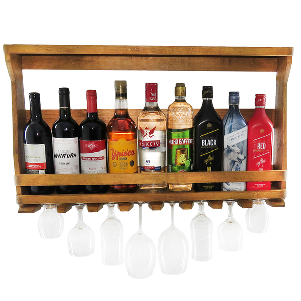 Adega De Parede Madeira Pinus Imbuia P/ 9 Garrafas E 8 Taças