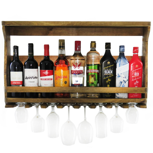 Adega De Parede Madeira Pinus Ipê P/ 9 Garrafas E 8 Taças