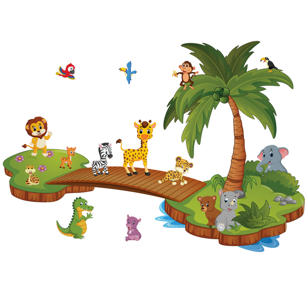 Adesivo Animais Do Zoo Ilhas E Ponte 1x1,4m
