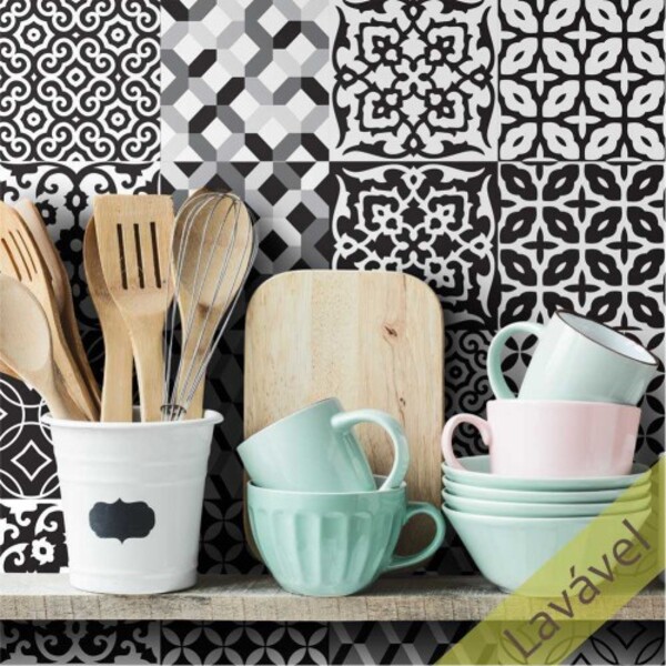 Adesivo Azulejo Preto E Branco - Cozinha Banheiro 16 Unidades