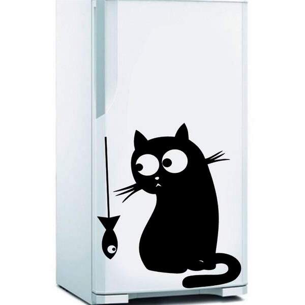 Adesivo De Geladeira Gato Olhando Para Peixe-m 40x55cm