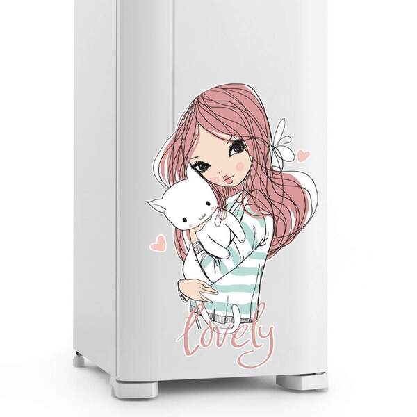 Adesivo De Geladeira Menina Gatinho-g 65x115cm