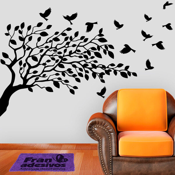 Adesivo De Parede Arvore E Pássaros Voando-g 98x69cm