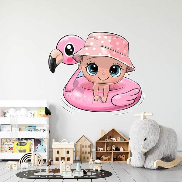 Adesivo De Parede Bebê Na Boia De Flamingo-g 65x77cm