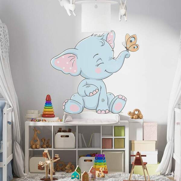 Adesivo De Parede Elefantinho Azul Com Borboleta-g 75x82cm