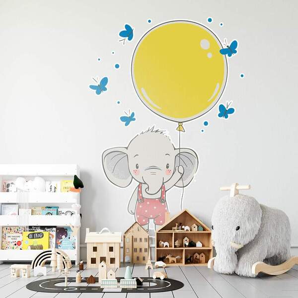 Adesivo De Parede Elefantinho Com Balão Amarelo-es 100x68cm
