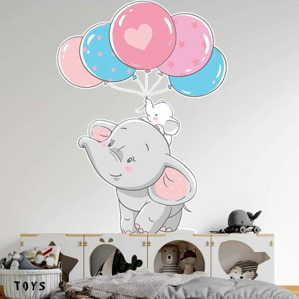 Adesivo De Parede Elefantinho Com Balões -eg 85x62cm