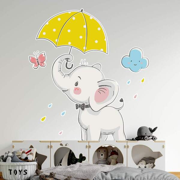 Adesivo De Parede Elefantinho Com Guarda Chuva-p 55x51cm