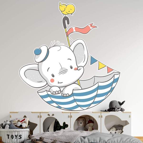 Adesivo De Parede Elefantinho No Guarda Chuva-es 100x93cm