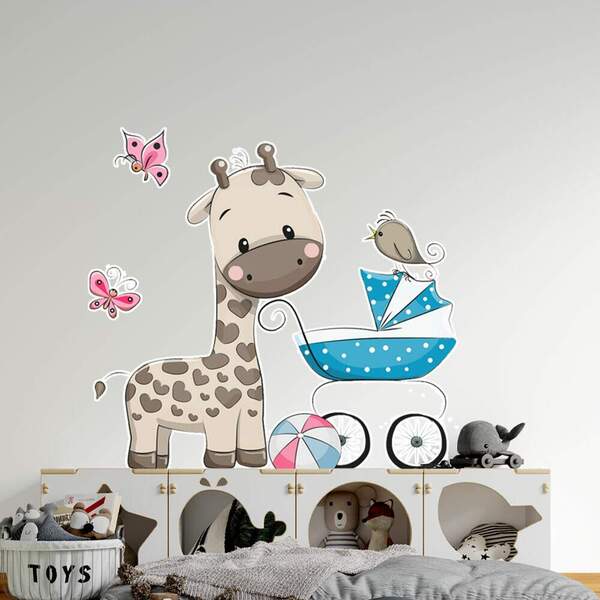 Adesivo De Parede Girafinha Com Carrinho De Bebê-eg 85x97cm