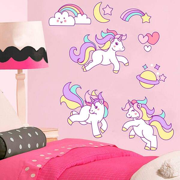 Adesivo De Parede Infantil 3 Unicórnios - Pequeno 52x48cm