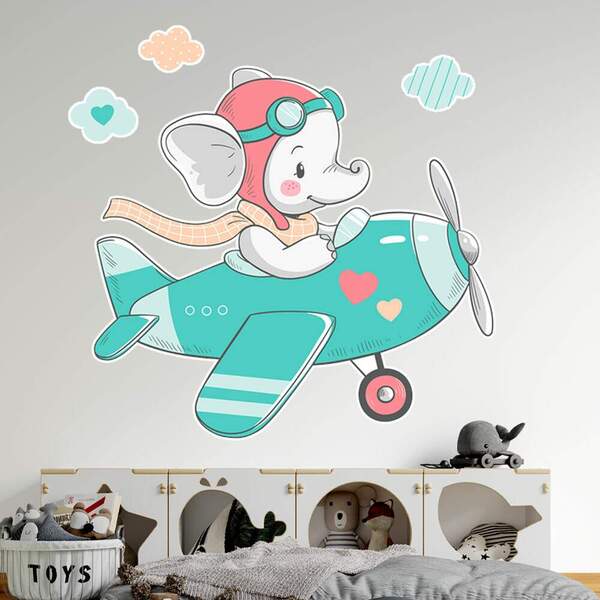 Adesivo De Parede Infantil Elefantinho Aviador-eg 85x89cm