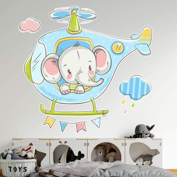 Adesivo De Parede Infantil Elefantinho Helicóptero-p 55x59cm