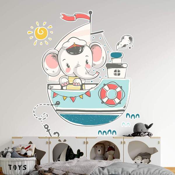 Adesivo De Parede Infantil Elefantinho No Navio-eg 85x74cm
