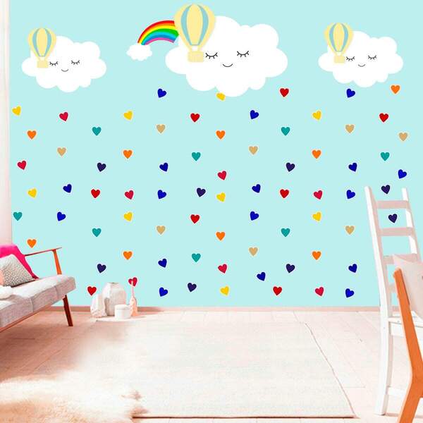 Adesivo De Parede Infantil Nuvens Chuva De Corações- Grande 1