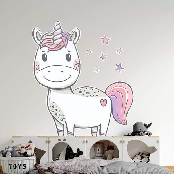 Adesivo De Parede Infantil Unicórnio Com Estrelas-m 65x59cm