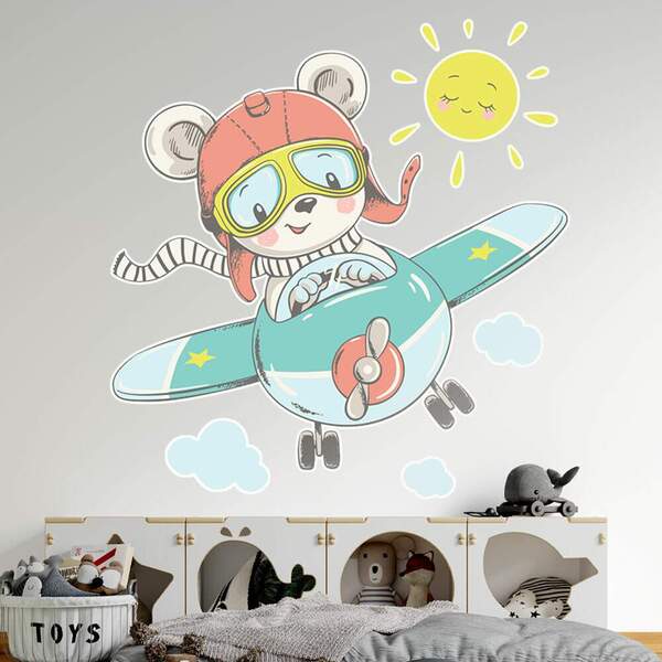 Adesivo De Parede Infantil Ursinho Aviador-m 65x60cm